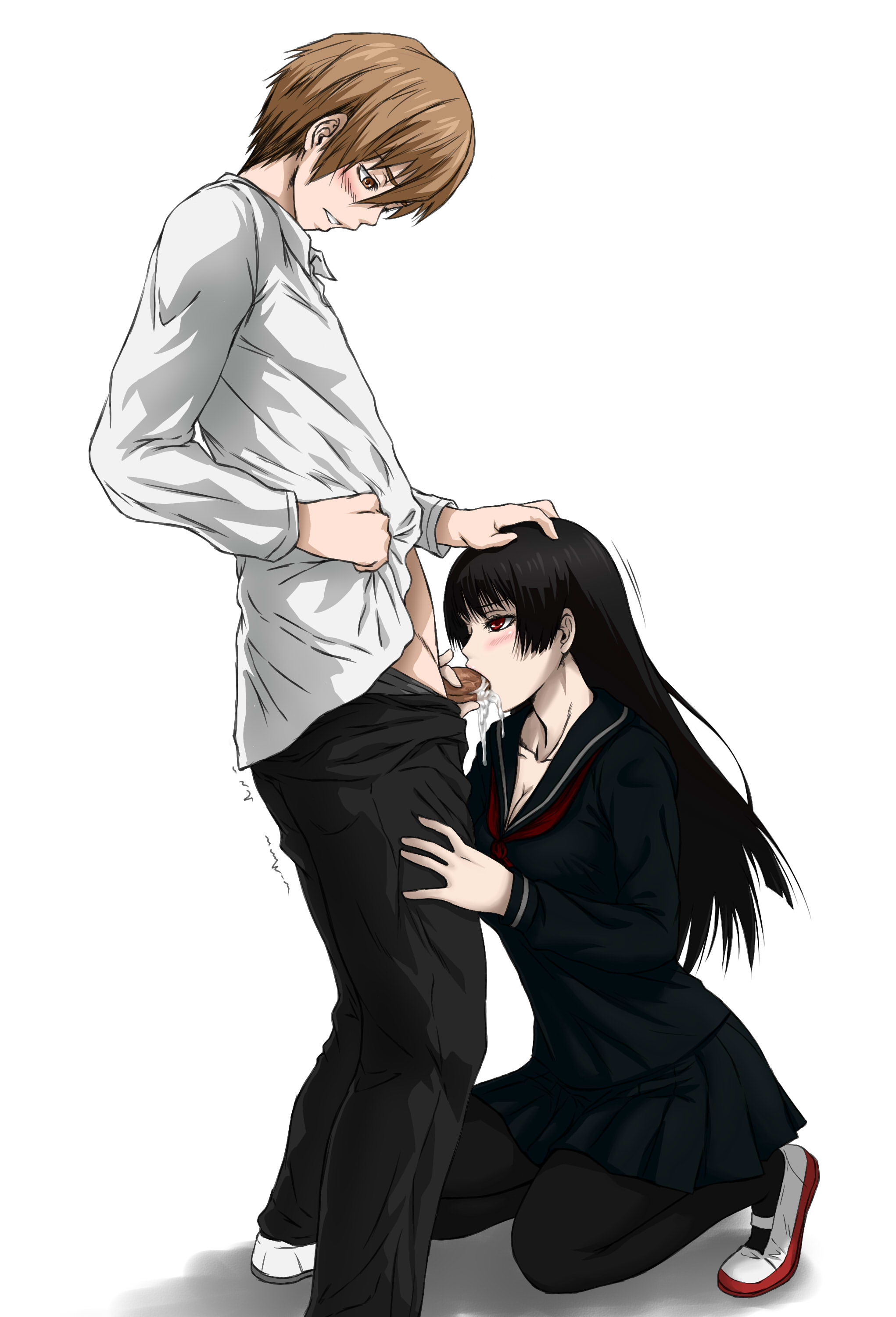 191karasu, 1boy, black hair, blush, breasts, brown eyes, brown hair, cleavage, collarbone, cum, cum in mouth, cum inside, fellatio, female, ghost, hair over eyes, hand on head, high resolution, kanoe yuuko, kneeling, long hair, male, niiya teiichi, oral, pantyhose, penis, pleated skirt, red eyes, school uniform, skirt, straight, tasogare otome x amnesia, uncensored