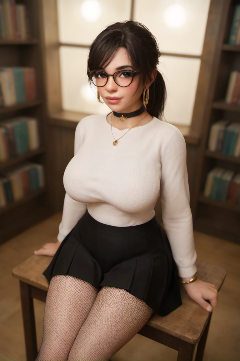 1girl 1girls 3d 3d_(artwork) ai_generated big_breasts brown_hair female fully_clothed glasses librarian library long_sleeves madz(oc) medium_hair oc original_character ponytail radnsad short_skirt solo solo_female solo_focus sweater thick_thighs