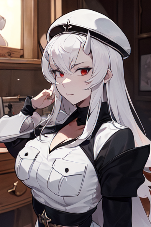 ai_generated akame_ga_kill! calamitas calamity_mod esdeath_(akame_ga_kill!) esdeath_(cosplay) grey_body horns military_cap red_eyes terraria white_hair witch