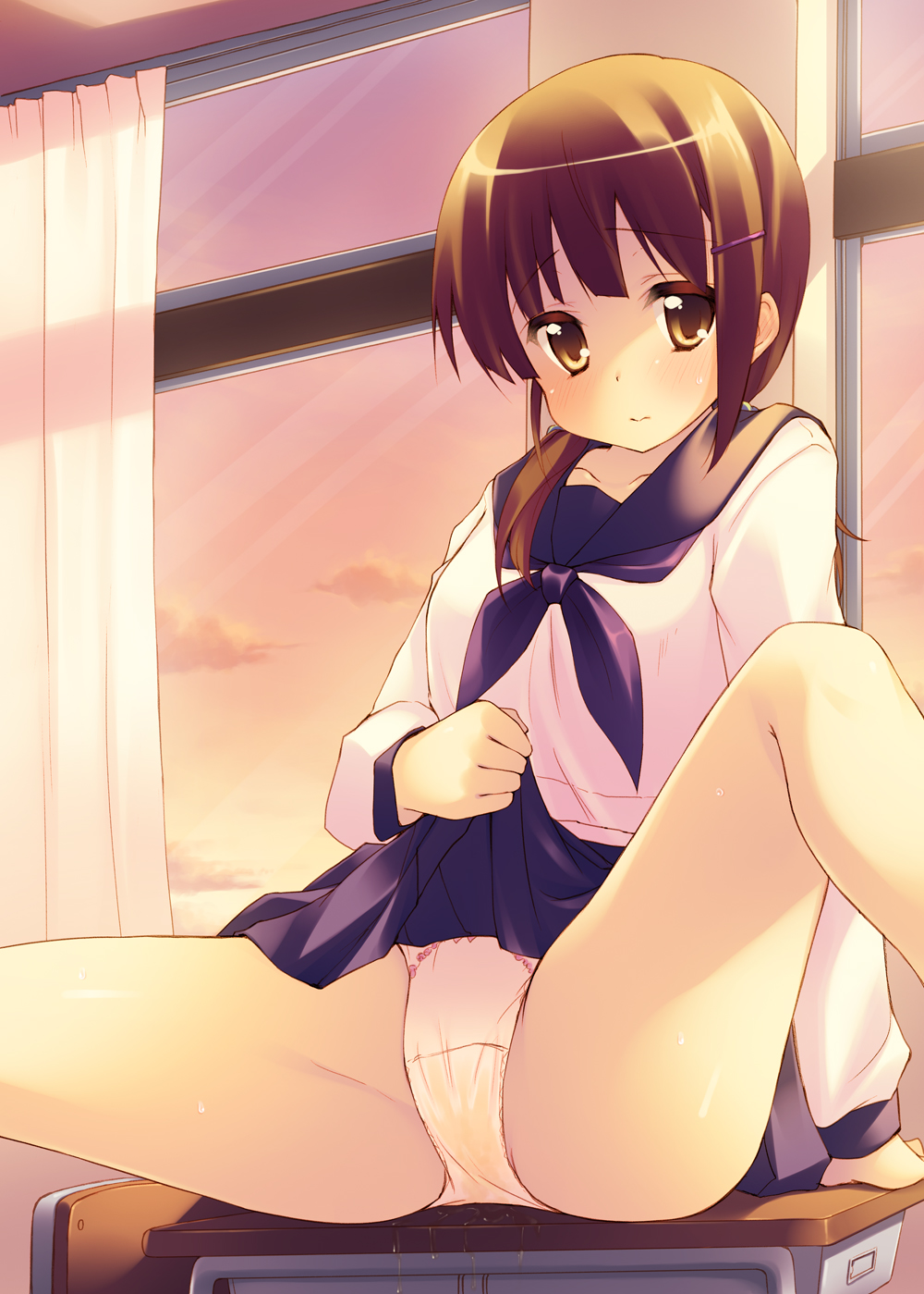 minase_shuu panties peeing peeing_self seifuku skirt_lift urine young