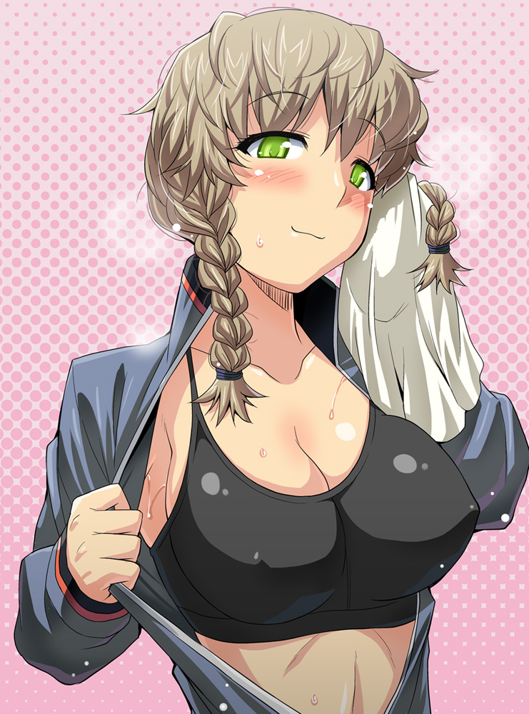 1girls, amane suzuha, athletic, blush, braid, breasts, cleavage, erect nipples, female, female only, green eyes, grey hair, large breasts, midriff, nipple bulge, nipples, open clothes, open shirt, pointy chin, pokies, shirt, shirt pull, solo, sports bra, steins;gate, sweat, toned, twin braids, utamaro, wiping sweat, workout clothes