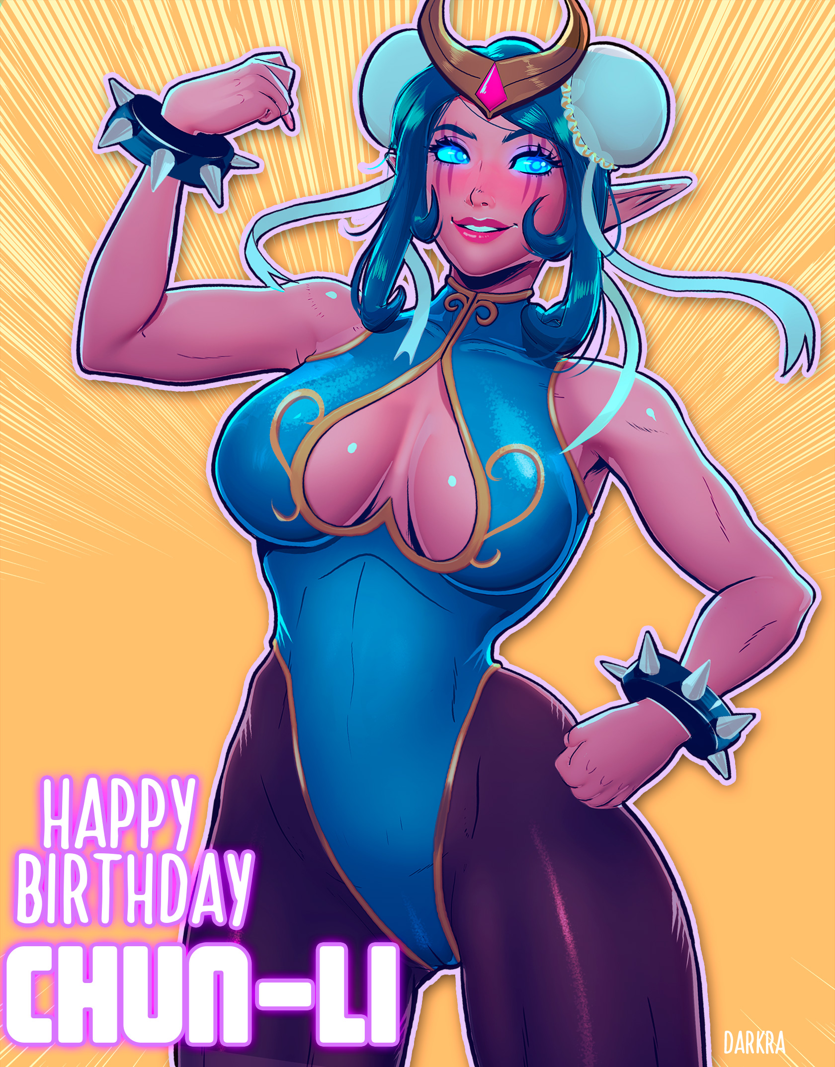 1girls, blizzard entertainment, blue eyes, blue hair, breasts, cameltoe, chun-li (cosplay), darkra, elf ears, facial markings, female, female only, glowing eyes, hair bun, hair buns, hand on hip, happy birthday, hi res, inner sideboob, leotard, looking away, lulusa wildmist, night elf, pantyhose, pink skin, pointy ears, pose, pussy, red lipstick, smile, solo, solo female, spiked bracelet, street fighter, warcraft, world of warcraft