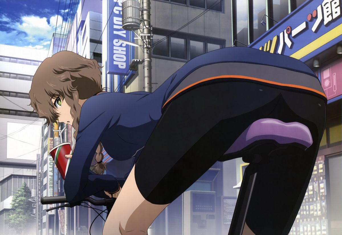 1girls, amane suzuha, ass, ass focus, bicycle, bike shorts, brown hair, city, female, outdoors, spats, steins;gate, track jacket, twin braids, yellow eyes