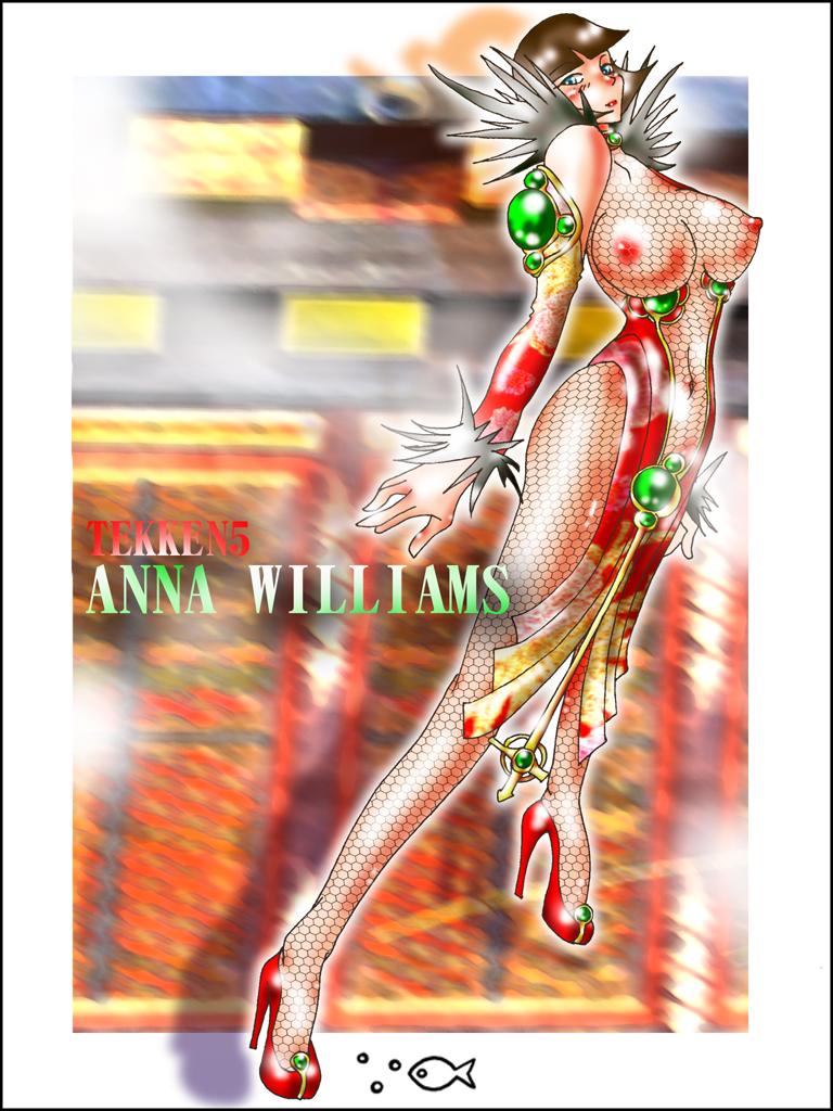 anna_williams breasts brown_eyes brown_hair detached_sleeves female female_only high_heels human jewelry mesh nipples red_dress solo tekken tekken_5