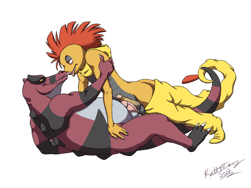 2012 anthro balls claws crocodile duo erection frottage furry gay happy kattotang kissing krookodile lizard male male/male male_only no_humans overweight partially_clothed penis plain_background pokemon reptile scalie scrafty tongue white_background