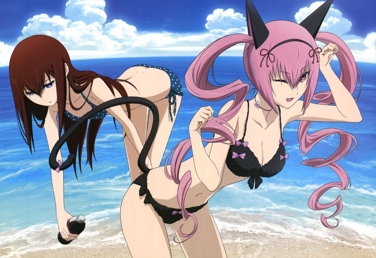 2girls beach bikini breasts butt_crack faris_nyannyan female female_only large_breasts makise_kurisu multiple_girls ocean pale_skin pointy_chin steins;gate swimsuit swimwear tagme