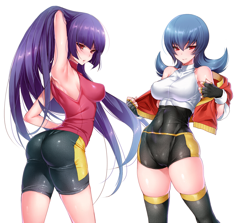 2girls akira_(natsumemo) alternate_breast_size arm_behind_head arm_up armpits ass bangs bare_shoulders big_breasts bike_shorts black_gloves black_legwear blue_hair blunt_bangs blush breasts cameltoe cosplay covered_navel dual_persona erect_nipples female female_only fingerless_gloves flipped_hair from_side fully_clothed gloves gradient_hair gym_leader hair_between_eyes halterneck hand_in_hair hips human human_only impossible_clothes impossible_shirt jacket kris_(pokemon)_(cosplay) large_breasts legs long_hair looking_back multicolored_hair multiple_girls no_bra open_clothes open_jacket parted_lips perky_breasts pokemon pokemon_hgss pokemon_ranger purple_hair red_eyes sabrina_(pokemon) sabrina_(pokemon_hgss) shiny shiny_clothes shirt shorts sideboob simple_background skin_tight solana_(pokemon) solana_(pokemon)_(cosplay) spandex standing thick_thighs thighhighs thighs tight_clothing turtleneck undressing unitard very_long_hair white_background