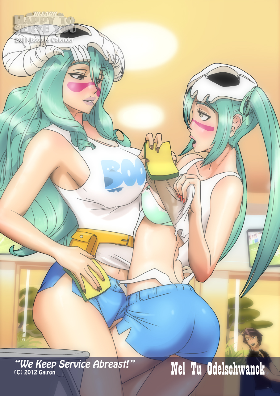 arrancar, ass, big breasts, bleach, blue shorts, bra, breasts, clone, espada, female, green bra, green hair, hazel eyes, helmet, long hair, male, midriff, multiple females, nail polish, nelliel tu odelschwanck, open mouth, pigtails, red nails, selfcest, shirt, shirt lift, shorts, skull, smile, text, uncensored, utility belt, white shirt