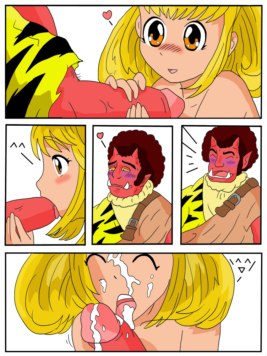 1boy 1girls afro akaoni blonde_hair blush closeup clothing color colored comic cum cumming demon duo facial fangs fellatio female handjob happy happy_sex heart horns huge_cock human interspecies licking love mycrunchycookie oni open_mouth oral oral_sex orgasm panels penis pretty_cure red_oni red_skin smile_precure straight yayoi_kise