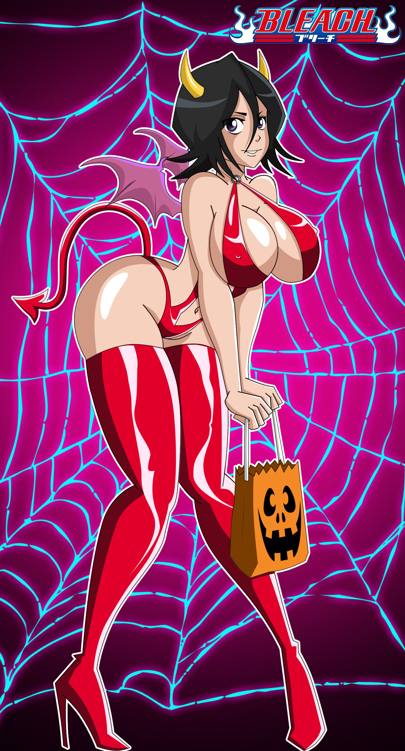 1girls, aged up, alternate breast size, ass, bag, bangs, bat wings, bent over, black hair, bleach, blue eyes, boots, breasts, cleavage, cosplay, costume, curvy, demon, demon girl, demon tail, erect nipples, female, female only, grimphantom, grin, halloween, high heel boots, high heels, high resolution, horns, huge ass, huge breasts, kuchiki rukia, large breasts, leotard, looking at viewer, midriff, mound of venus, navel, nipples, red legwear, shiny, shiny clothes, shiny skin, shoes, short hair, sideboob, smile, solo, spider web, standing, tail, thick thighs, thigh boots, thigh high boots, thighhighs, thighs, wide hips, wings