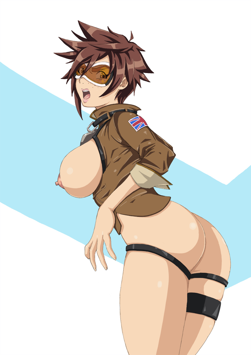 1girls, 2d, ass, blizzard entertainment, breasts, brown hair, female, female only, freckles, goggles, jacket, large breasts, nipples, open mouth, overwatch, short brown hair, short hair, solo, standing, thigh strap, tracer, ttrop