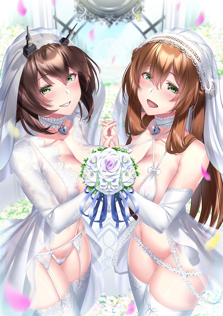 2girls blush bouquet breasts bridal_lingerie bridal_veil brown_hair cleavage collarbone crossover elbow_gloves flower girls'_frontline gloves green_eyes grin headgear heart_lock_(kantai_collection) interlocked_fingers jewelry kantai_collection ken_ill large_breasts long_hair looking_at_viewer multiple_girls mutsu_(kantai_collection) navel necklace revealing_clothes second-party_source see-through short_hair sidelocks smile springfield_(girls'_frontline) veil wedding_dress white_garter white_garter_belt white_garter_straps