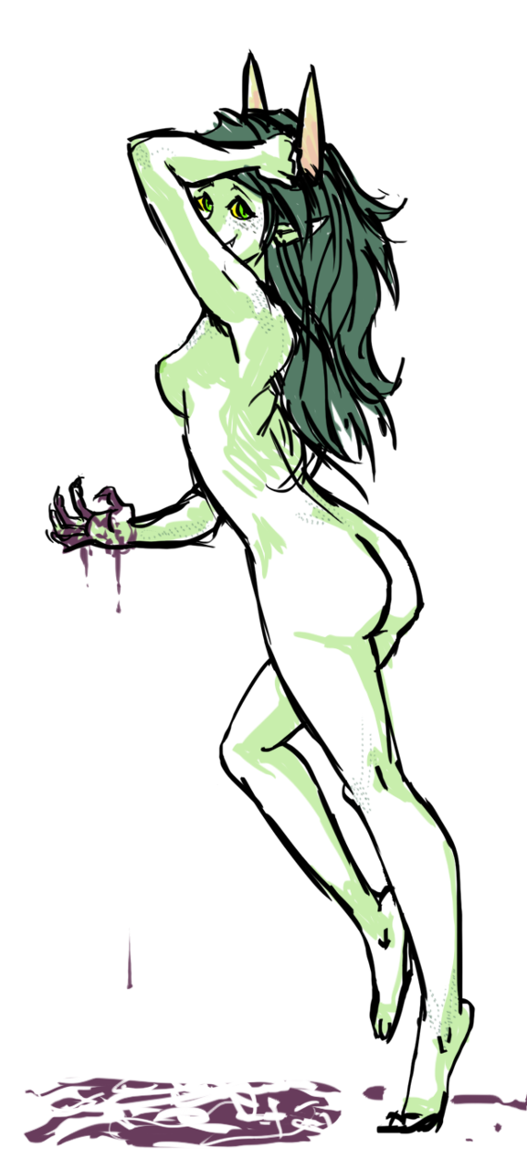 1girls ass black_hair blood breasts claws green_eyes green_nipples green_skin hand_on_head homestuck horns long_hair looking_at_viewer looking_back ms_paint_adventures naked nipples pointy_ears solo the_disciple troll webcomic white_background