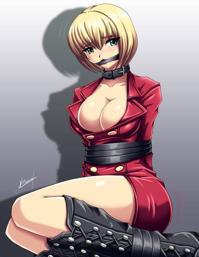 arms_behind_back blonde_hair bloody_roar bondage cleavage collar gag gagged green_eyes jenny_burtory jenny_the_bat karosu-maker large_breasts short_hair tagme