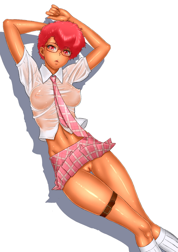 2011 breasts dark-skinned_female dark_skin dirty_pair female glasses kei_(dirty_pair) midriff navel necktie nipples oldschool plaid plaid_skirt pussy red_hair renko_(gayosiz) school_uniform see-through short_hair skirt socks solo white_legwear