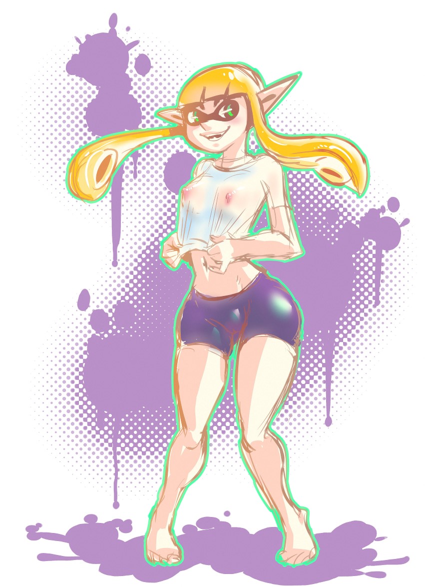 1girls, animal humanoid, anthro, areola, barefoot, bike shorts, blush, breasts, cephalopod, cephalopod humanoid, feet, female, green eyes, humanoid, inkling, inkling girl, large breasts, mask, mask (marking), midriff, navel, nintendo, nipples, open mouth, pigeon-toed, pointy ears, pseudo hair, see-through, sharp teeth, short, shorts, smile, solo, splatoon, splatoon (series), squid, standing, supersatanson, tentacle, tentacle hair, toes, video games, wet clothes, wet shirt, wet t-shirt
