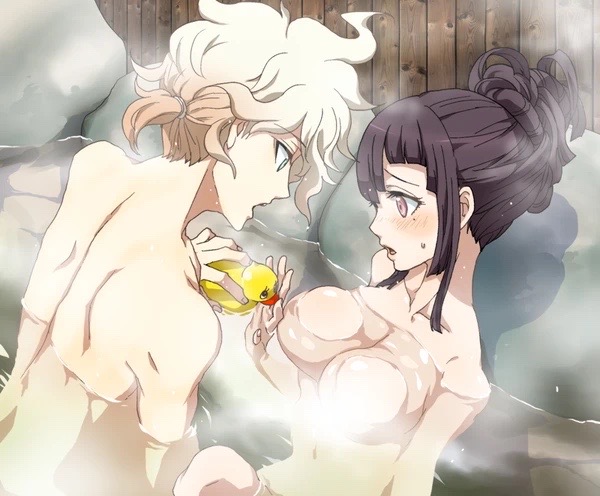 1boy, 1girls, bath, bathtub, breasts, danganronpa, danganronpa 2: goodbye despair, dosugon, female, male, nagito komaeda, naked, rubber duck, straight hair, tsumiki mikan, wholesome