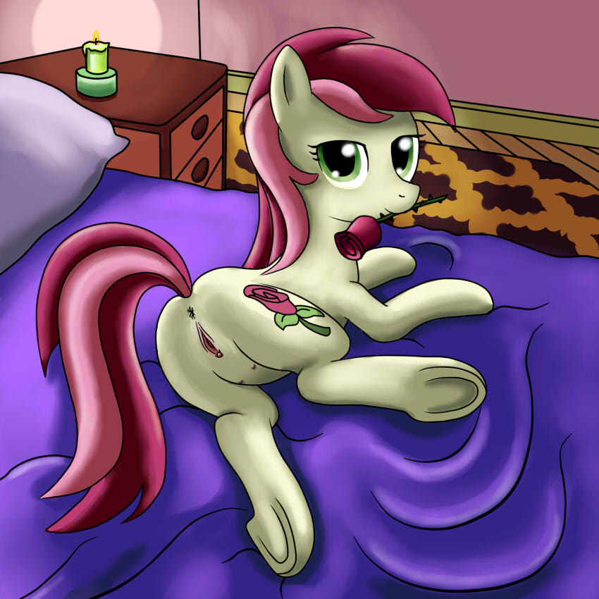 anus bed bedroom candle clitoris crotchboobs equine female friendship_is_magic hooves my_little_pony pussy red_hair rose_(flower) rose_in_mouth roseluck_(mlp) solo tail two-tone_hair two_tone_tail