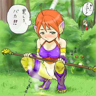 blush breath_of_fire breath_of_fire_ii censored clothing goo katt_(breath_of_fire) peeing peeing_outside rinpoo_chuan ryuu_(breath_of_fire_ii) squatting tagme translated