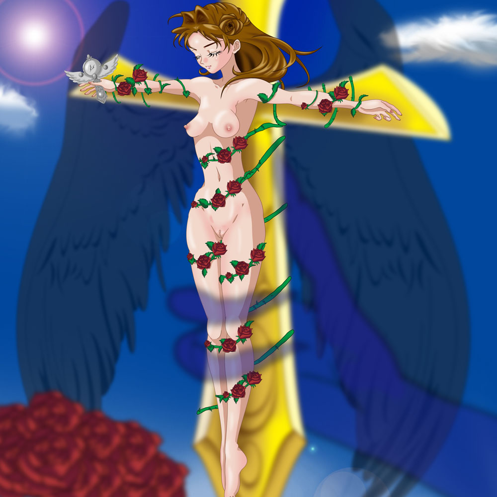 breasts brown_hair closed_eyes completely_nude_female cross crucifixion female flower kamikaze_kaitou_jeanne kusakabe_maron long_hair maruze_circus nipples nude nude_female pussy restrained rose sleeping thorns wings wrapped