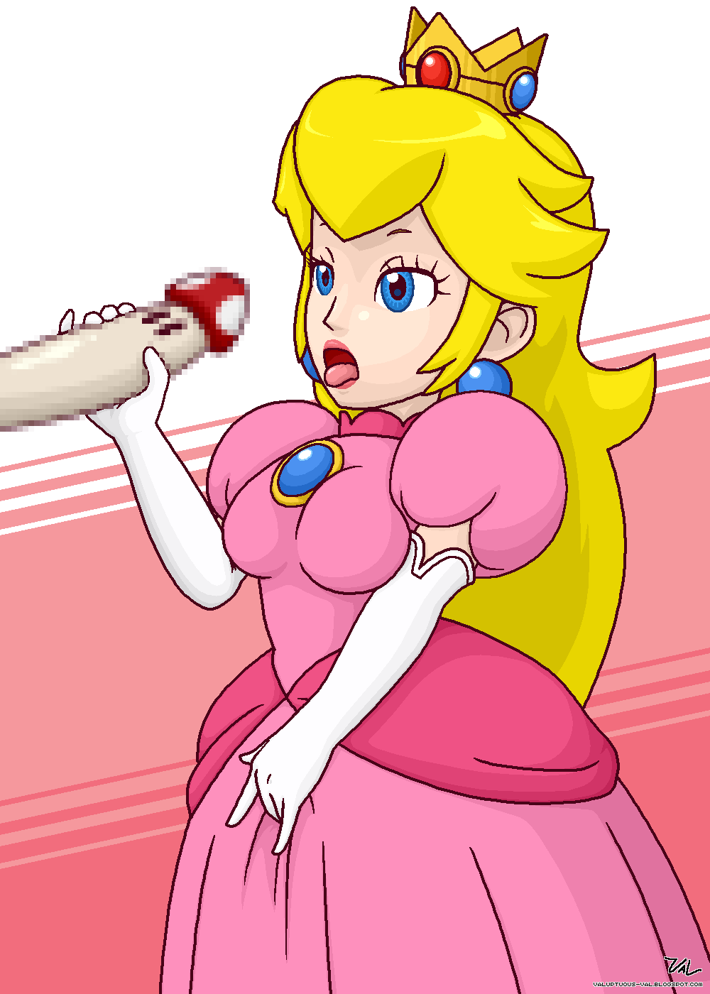 1girls blonde_hair blue_eyes breasts brooch censored clothing crown dress dressed earrings elbow_gloves female fingering fingering_through_clothes fully_clothed gloves half-closed_eyes handjob lips lipstick long_hair mario_(series) masturbation mushroom nintendo open_mouth penis penis_grab princess_peach super_mario_bros. tagme tongue tongue_out val_(artist)