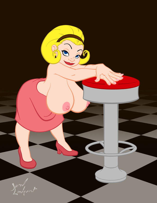 bent over, blonde hair, blue eyes, breasts, daisy (jklind), diner, dress, female, hair band, heels, jklind, large breasts, lipstick, nipples, shortstack, skirt, topless