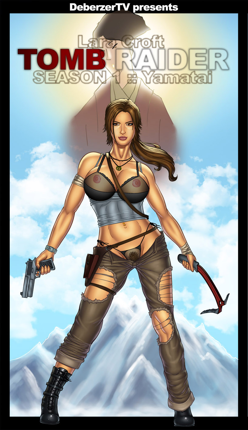 bandage boots bra breasts brown_eyes brown_hair cleavage deberzer female female_only gun human lara_croft lara_croft_(survivor) lipstick looking_at_viewer mountain muscles navel necklace nipples panties piercing pistol ponytail ripped_pants sky solo tank_top tied_hair tomb_raider tomb_raider_(survivor) watch weapon