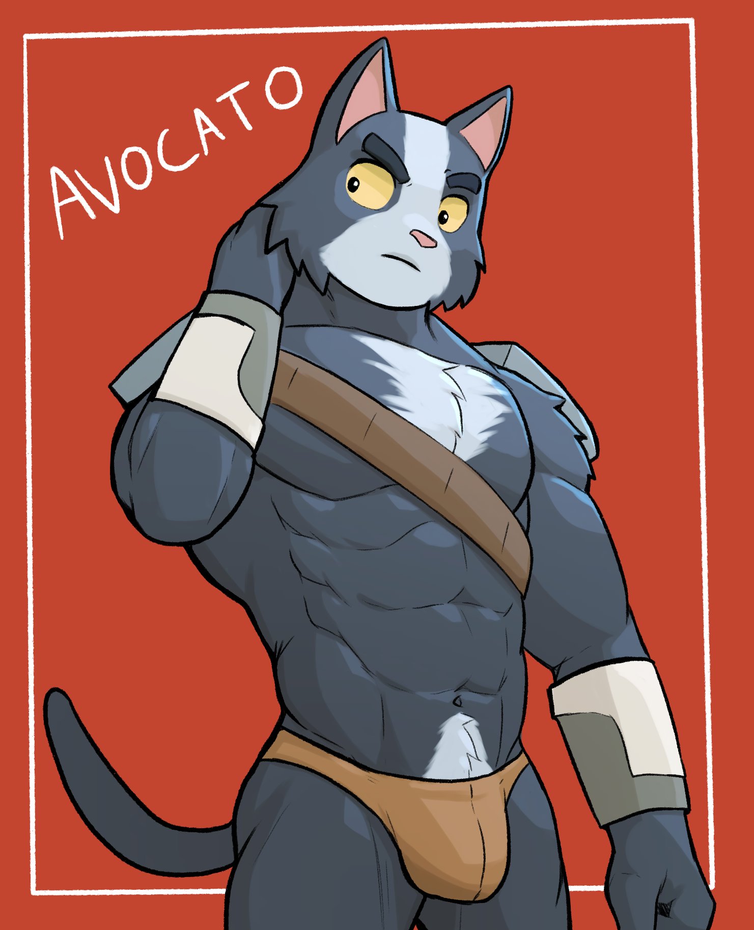 :/, abs, almost naked, almost nude, anthro, avocato, bara, barbarian, briefs, briefs only, bulge, chest tuft, felid, feline, final space, furry, hand behind head, jrjresq, leather, leather briefs, leather clothing, leather harness, leather straps, leather underwear, looking away, male, male focus, male only, muscular, muscular male, pecs, pubic tuft, red background, simple background, solo male, speedo, standing, tail, thick eyebrows, underwear, yaoi, yellow sclera