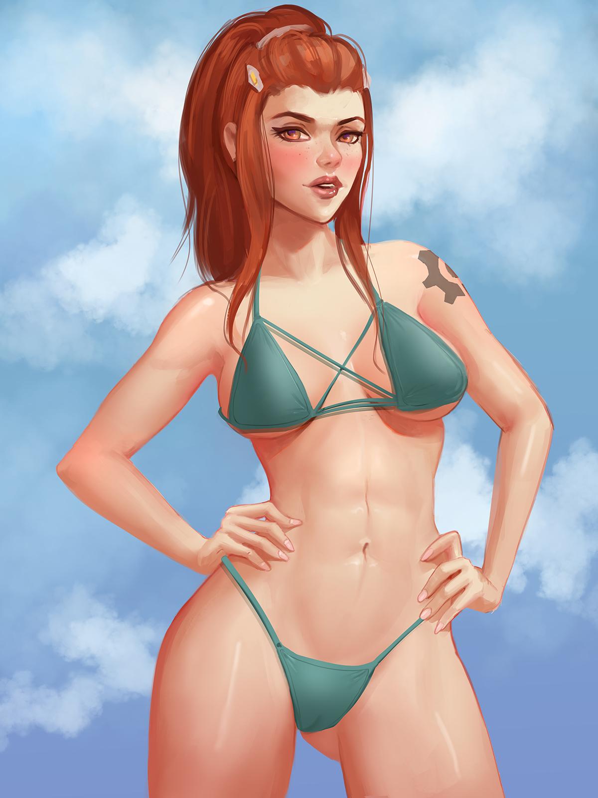 2d, bikini, breasts, brigitte, brigitte lindholm, cleavage, female, female only, looking at viewer, overwatch, paskudaka, solo, tattoo