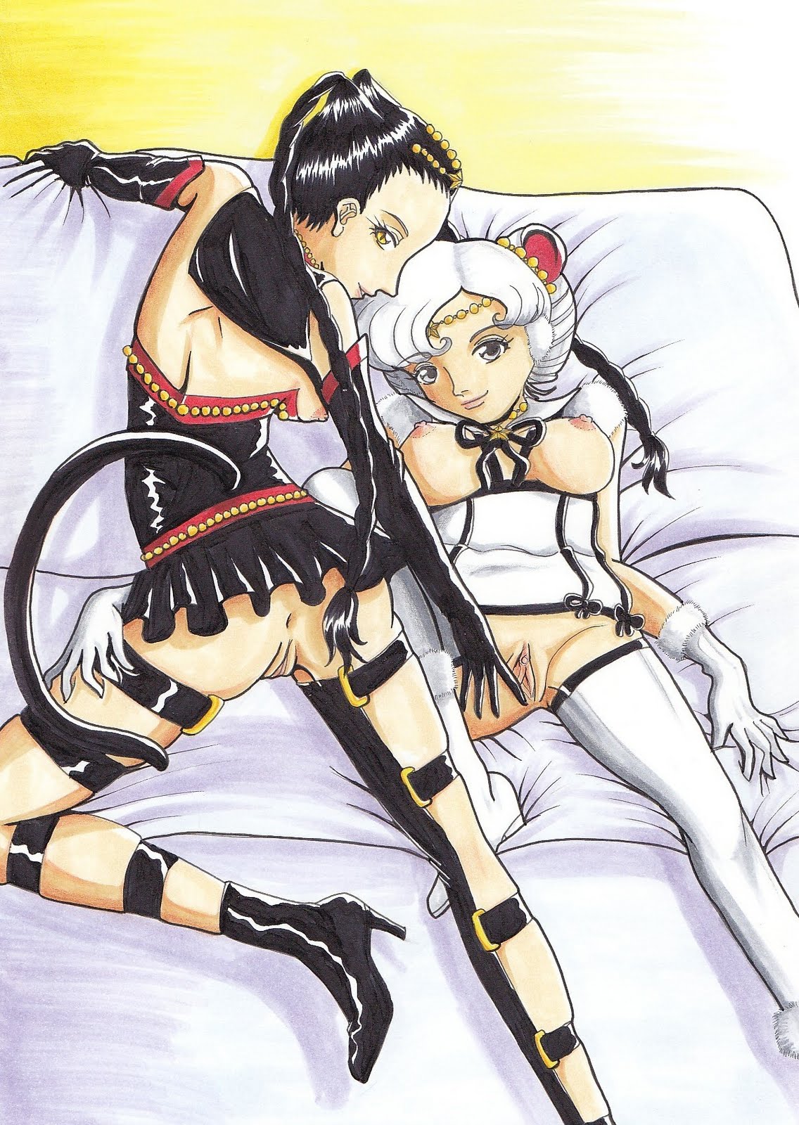 2girls ass bishoujo_senshi_sailor_moon black_hair breasts clitoris clothing female female_only large_breasts multiple_girls pale-skinned_female pale_skin pussy sailor_iron_mouse sailor_tin_nyanko shadow_galactica small_breasts stockings tagme tail thick_thighs uncensored villainess vivienne_(artist) white_hair wide_hips