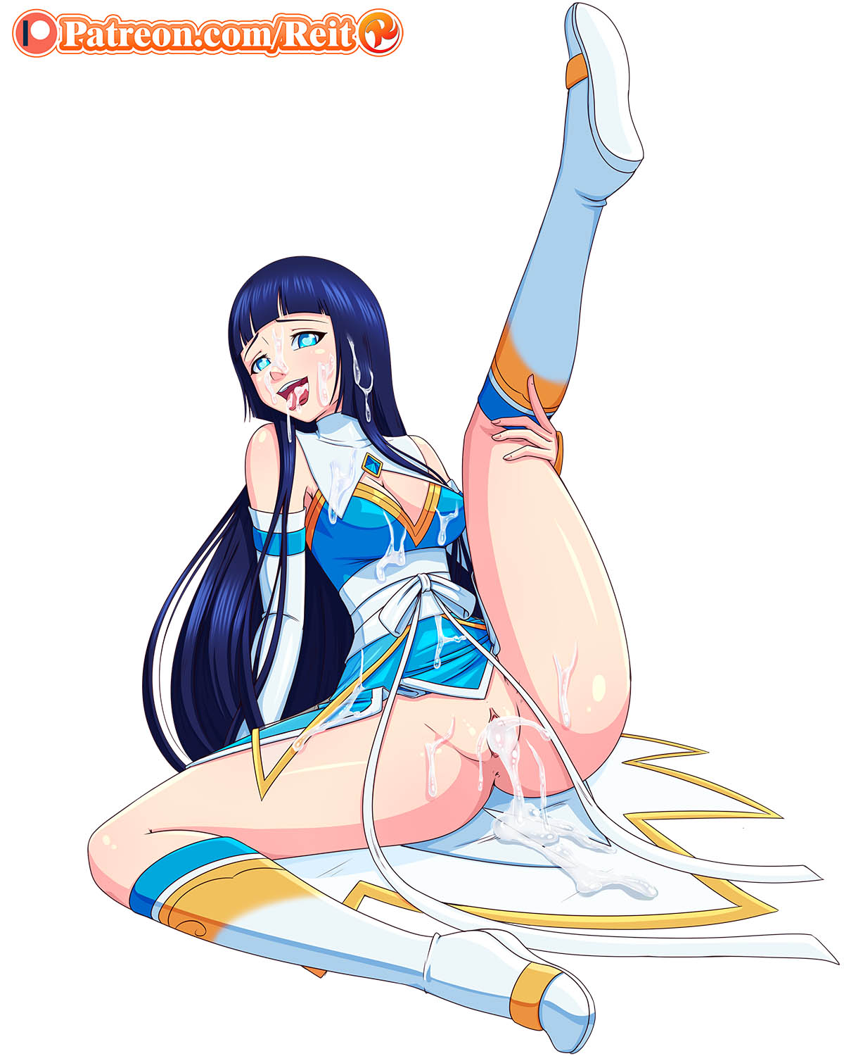 battle through the heavens, blue eyes, blue hair, clothes, creampie, cum, cum in mouth, cum in pussy, cum inside, cum on face, female, heart-shaped pupils, no underwear, open legs, open mouth, pussy, reit, xun er