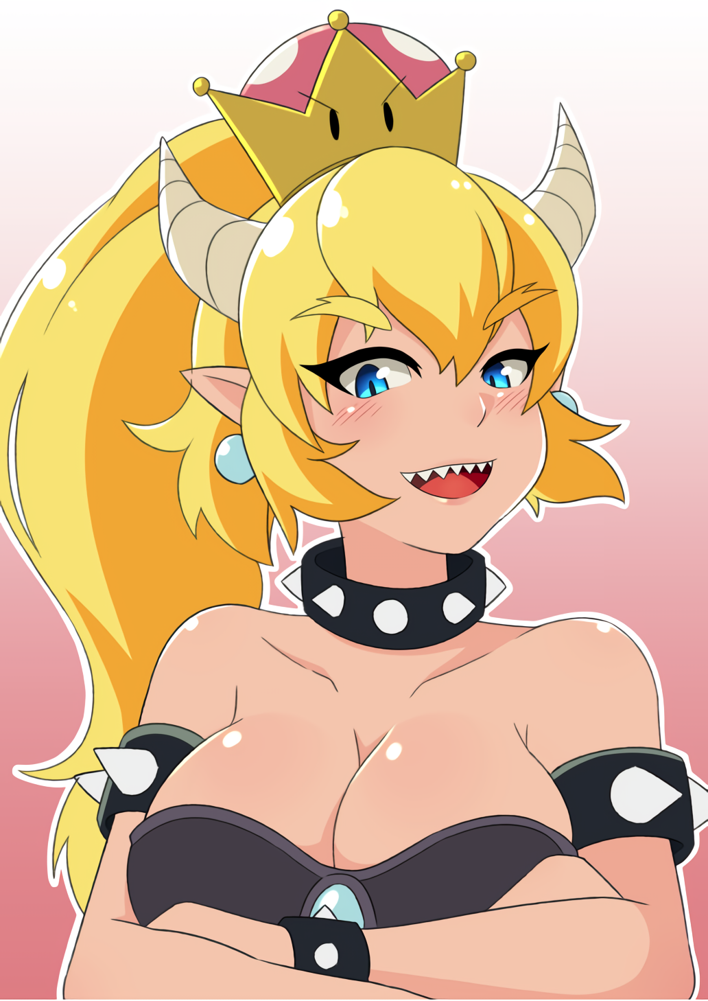 big breasts, blonde hair, blue eyes, bowsette, bra, bracelet, breasts, crossed arms, earrings, female, horns, looking at viewer, mario (series), new super mario bros. u deluxe, pointy ears, ponytail, sharp teeth, shoggoth 329, solo, spiked collar