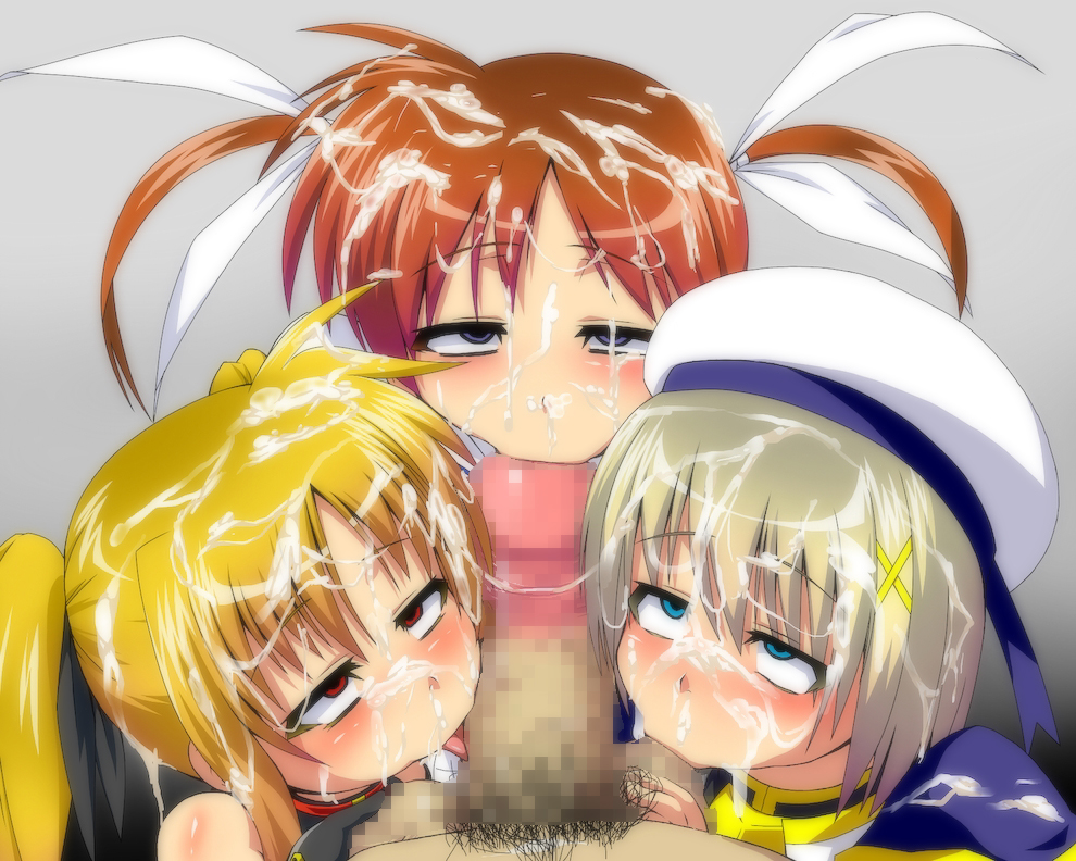 3girls ball_sucking balls blonde_hair blue_eyes censored collaborative_fellatio cum cum_on_clothes cum_on_face cum_on_hair eyes_rolling_back facial fate_testarossa fellatio female hair hayate_yagami licking mahou_shoujo_lyrical_nanoha mahou_shoujo_lyrical_nanoha_a's multiple_facials multiple_girls nanoha_takamachi oral penis pov red_eyes teamwork triple_facial