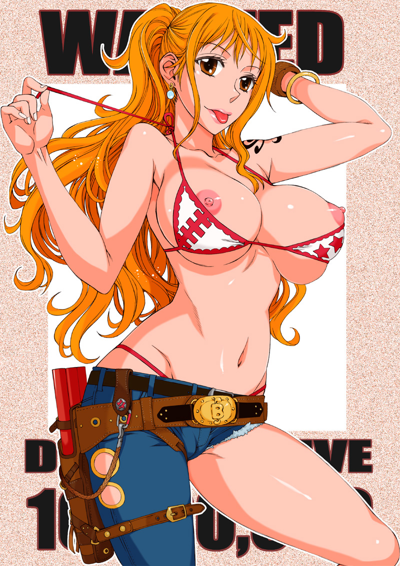 :p arm_behind_head asymmetrical_clothes bikini bracelet breasts brown_eyes cutoffs earrings female female_only hanzaki_jirou holster jeans jewelry large_breasts log_pose long_hair nami navel nipples one_piece orange_hair panties post-timeskip solo swimsuit thong tongue underwear undressing wanted wanted_poster