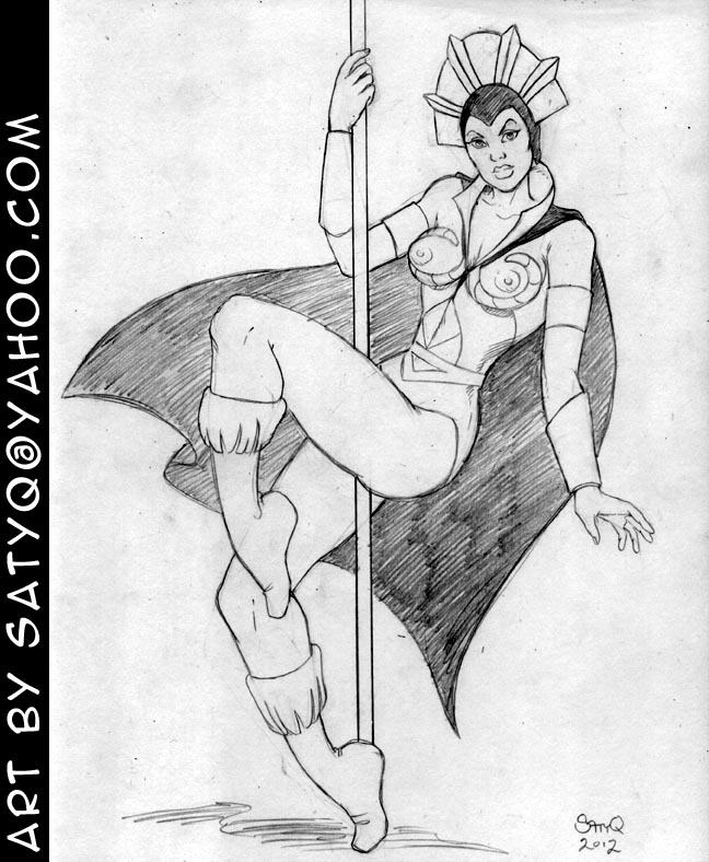 2012 boots breasts cape evil-lyn looking_at_viewer masters_of_the_universe monochrome pole_dancing satyq stripper_pole