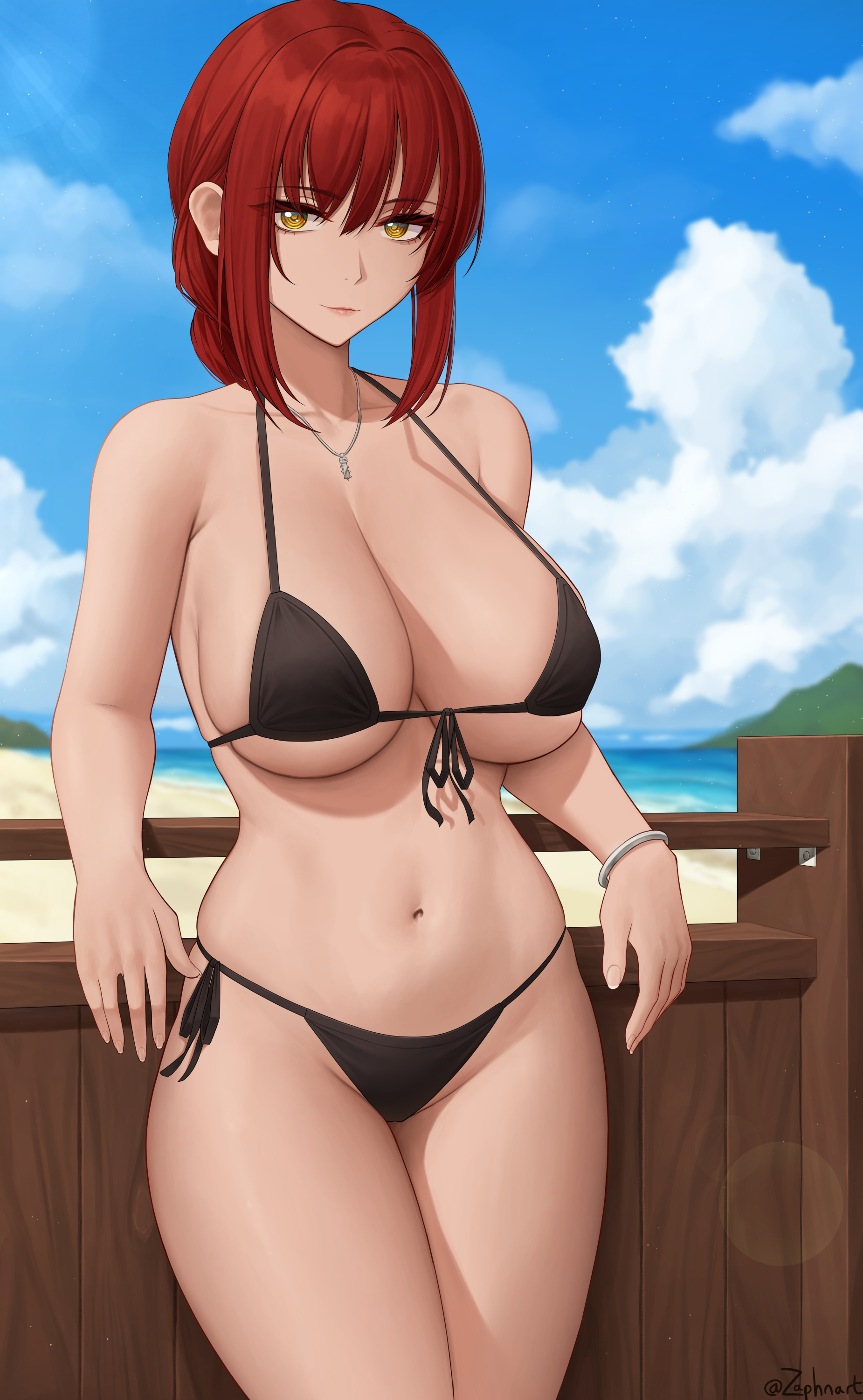 1girls, belly button, big breasts, bikini, bracelet, breasts, chainsaw man, curvy, curvy figure, female, female only, large breasts, looking at viewer, makima (chainsaw man), midriff, necklace, red hair, side-tie bikini, solo, solo female, swimsuit, thick, thick thighs, voluptuous, yellow eyes, zaphn