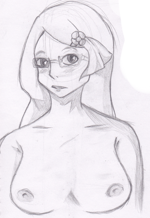 blush breasts female female_only fennel_(pokemon) front_view glasses human monochrome nipples nude pokemon pokemon_bw solo tagme