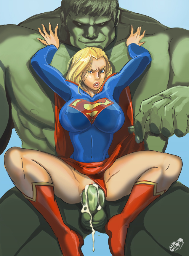 1boy 1girls angry annoyed blonde_hair blue_eyes boots breasts cape crossover cum cum_drip cum_in_pussy dc female green_skin huge_breasts hulk hulk_(series) leotard leotard_aside long_hair male marvel penis questionable_consent rape sex size_difference skin_tight skirt_lift spread_legs supergirl superhero superman_(series) tinkerbomb upright_straddle vaginal_penetration