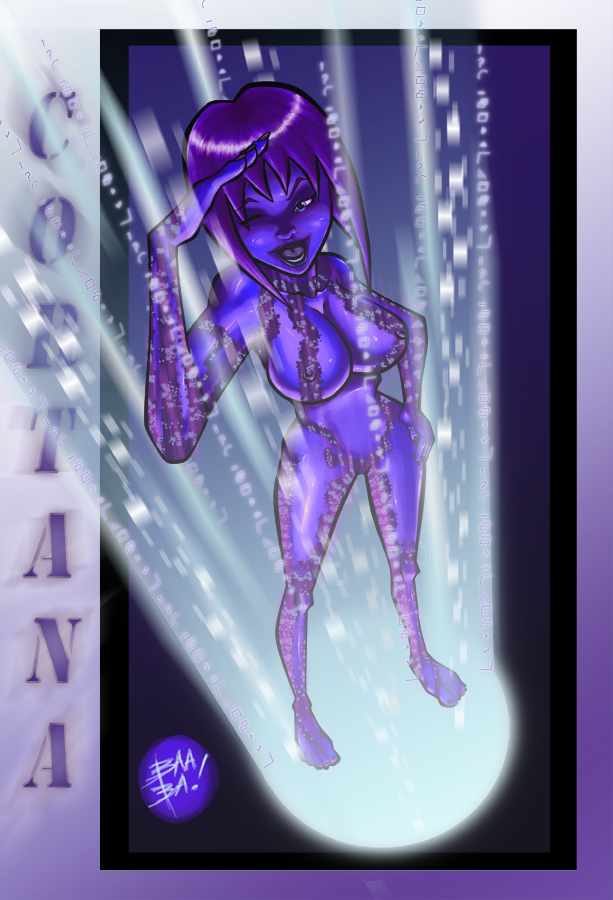 2beansoup 2d artificial_intelligence breasts cortana cortana_v1 female halo_(game) halo_(series) hand_on_hip hologram nipples purple_body purple_eyes purple_hair purple_skin short_hair solo wink