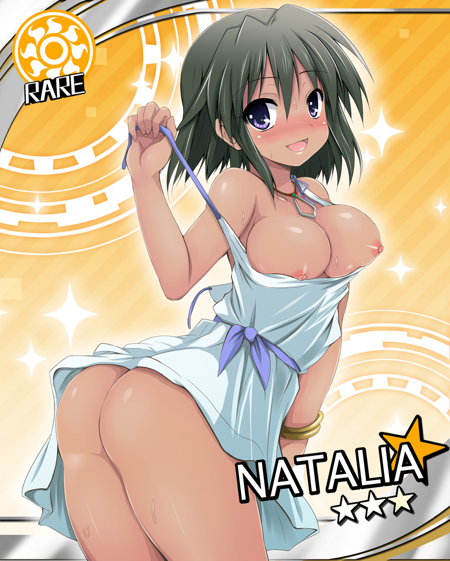 1girls ass black_hair blush breasts character_name cinderella_girls_card_parody dark-skinned_female dark_skin female idolmaster idolmaster_cinderella_girls natalia_(idolmaster) nipples no_panties open_mouth parody purple_eyes revision sen_(astronomy) short_hair smile solo sparkle star sun_(symbol)