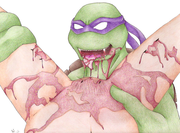 2012 beige_skin bite_mark bleeding blood blood_stain cute_fang donatello eveninghours eyes female gore green_skin guro human injury interspecies male mask mouth nudity open_eyes open_mouth puncture skin teenage_mutant_ninja_turtles tongue tongue_out turtle vampire vulva what white_eyes wound