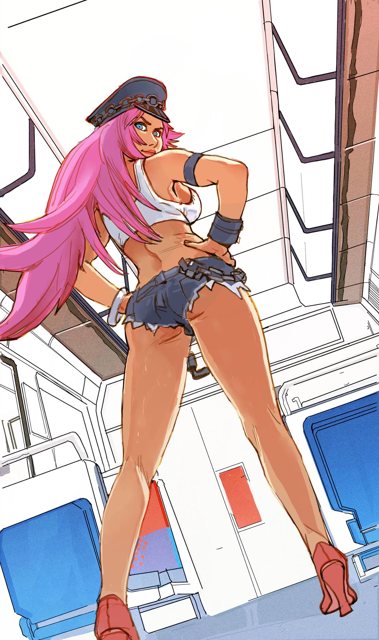 armlet ass blue_eyes bracelet breasts capcom chains clothed clothes female female_only final_fight hands_on_hips high_heels human jjfrenchie large_breasts long_hair looking_at_viewer looking_back peaked_cap pink_hair poison_(final_fight) short_shorts shorts sideboob smile solo standing tank_top very_long_hair worm's-eye_view