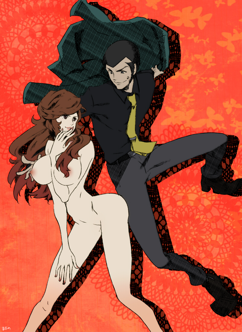 00s 1boy 1girls arsene_lupin_iii bare_shoulders big_breasts black_hair bottomless breasts brown_eyes brown_hair curvaceous female human kakan large_breasts light-skinned_female light_skin long_hair lupin_iii male mine_fujiko naked nude short_hair tagme topless