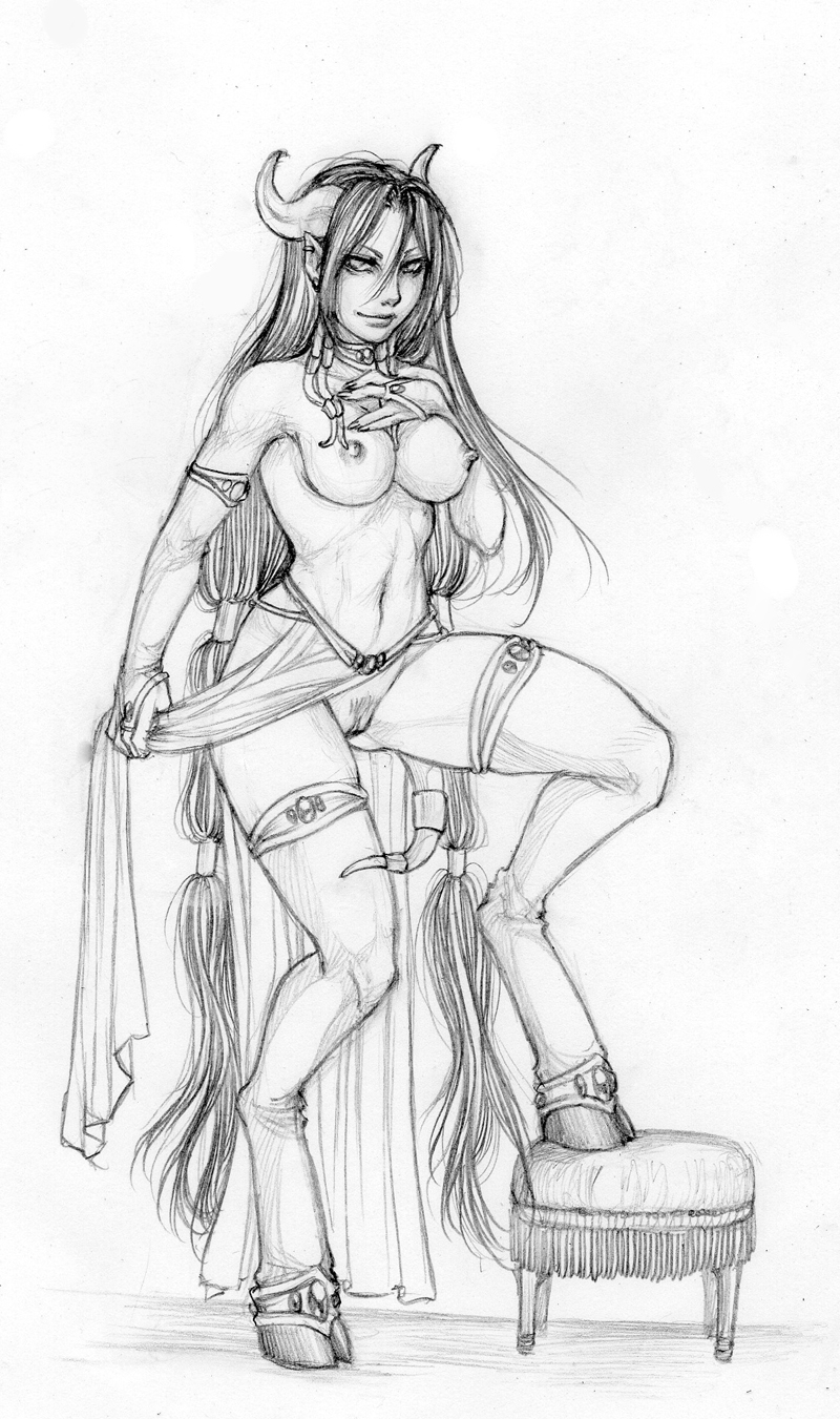 anklet armlet armwear breasts bridal_gauntlets clothed clothing dark_hair dark_pubic_hair draenei ear_piercing female female_only full_body greyscale hair_ring hand_on_chest hassock hooves horns humanoid_pussy jewelry leglet legwear light_armwear light_clothing light_jewelry light_legwear light_loincloth light_skin loincloth looking_at_viewer medium_breasts monochrome navel nipples piercing pointy_ears pose pubic_hair pussy ring simple_background sketch smile solo standing step_pose straight_hair suumunster tail_ring tendril_ring tendrils topless torc very_long_hair white_background world_of_warcraft