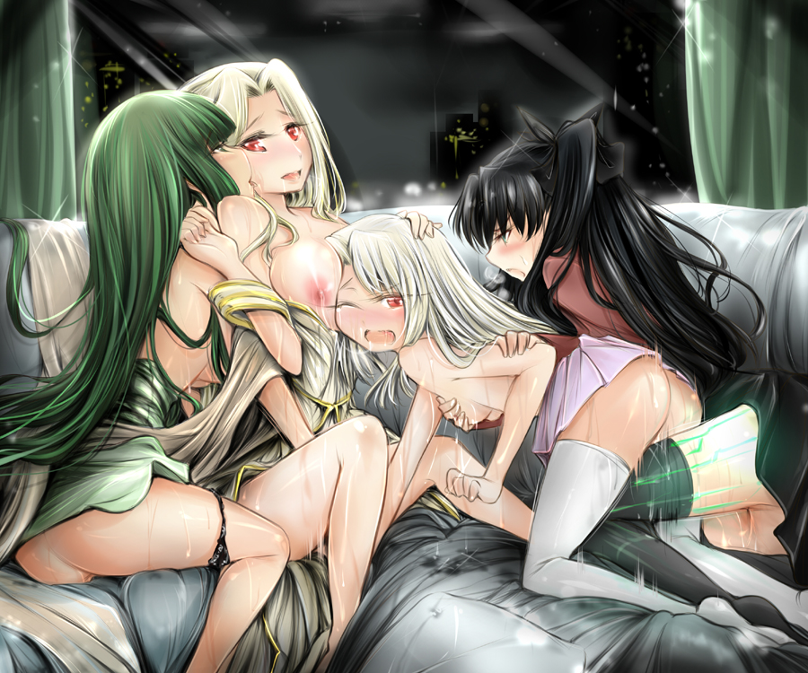 4girls age_difference black_hair blue_eyes blush breasts cityscape fate/stay_night fate/zero fate_(series) female female_only green_eyes green_hair illyasviel_von_einzbern indoors irisviel_von_einzbern long_hair mother_and_daughter multiple_girls night night_sky nipples open_mouth red_eyes room sky tohsaka_aoi tohsaka_rin white_hair yuri yuriwhale