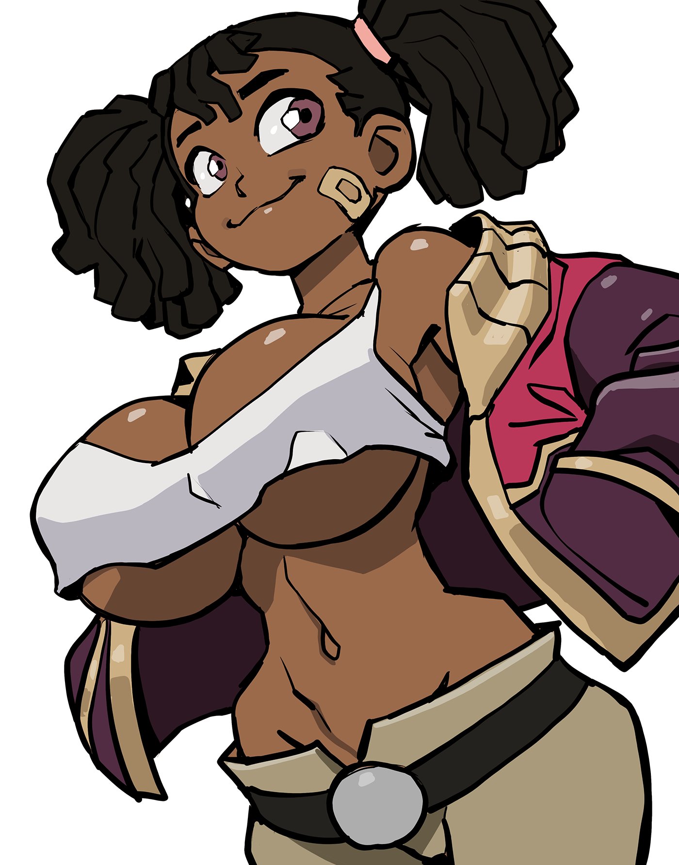 1girls, african, african female, bandage, bandage on face, basquash!, big breasts, breasts, cleavage, dark skin, dark-skinned female, dreadlocks, female, female only, huge breasts, jacket, jjfrenchie, miyuki ayukawa, solo, tank top, tied hair, twintails