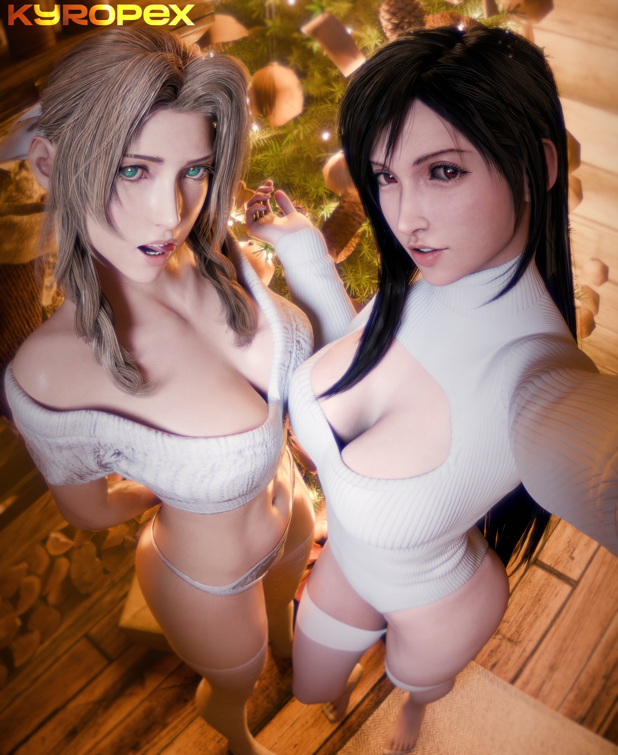 2girls, 3d, aerith gainsborough, black hair, brown hair, busty, christmas, christmas tree, cleavage, female, female focus, female only, final fantasy, final fantasy vii, green eyes, hourglass figure, kyropex, long hair, red eyes, standing, tagme, tifa lockhart, wide hips