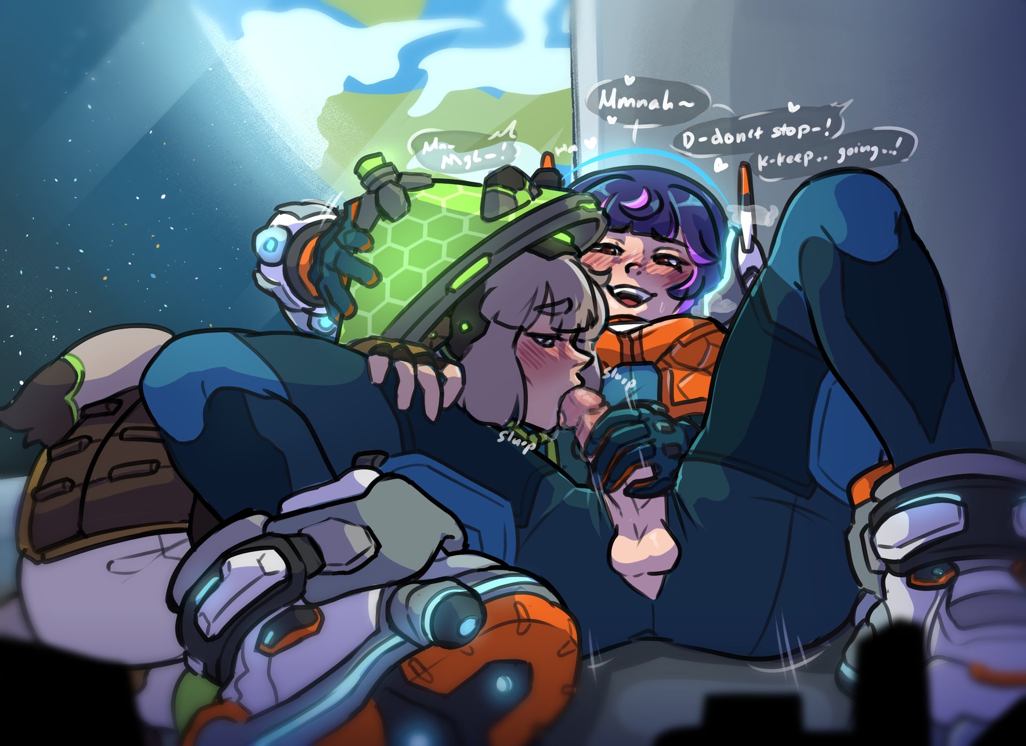 2d, dickgirl, futanari, holding head, juno (overwatch), licking penis, oc, oral, original character, overwatch, overwatch 2, papriikaka, purple hair, speech bubble, sucking penis, sucking tip, text, trans man, trans woman, white hair