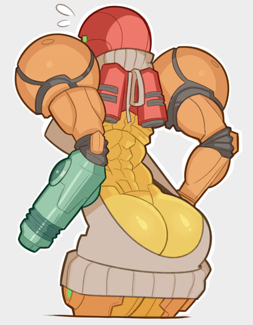 1girls, armor, armored, armored female, armored samus, arms at sides, ass, assault visor, backless dress, backless outfit, butt crack, cowboy shot, cropped legs, digital media (artwork), dress, embarrassed, female, female focus, female human, female only, flying sweatdrops, from behind, from side, full armor, green visor, grey background, halterneck, helmet, legs together, metroid, nintendo, outline, parody, power suit (metroid), ribbon, samus aran, short dress, simple background, solo, solo female, solo focus, splashbrush, standing, sweater, sweater dress, turtleneck, varia suit, virgin killer sweater, weapon