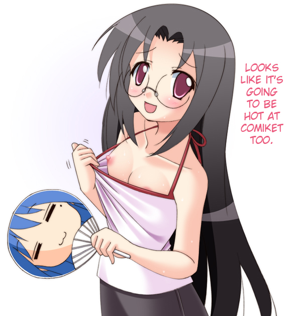 00s, blush, breasts, glasses, hand fan, hard-translated, hiyori tamura, izumi konata, konata izumi, lucky star, narutaki shin, nipple slip, nipples, no bra, paper fan, tamura hiyori, third-party edit, translated, uchiwa